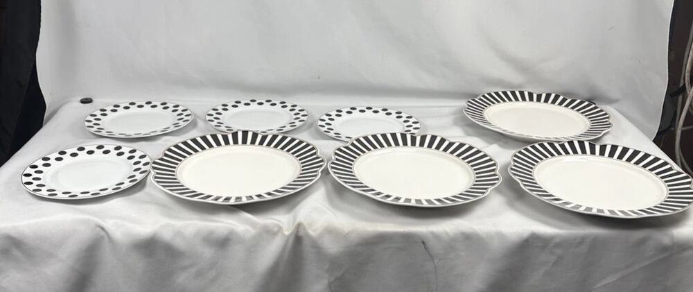 Grace’s Teaware Black White Plates Stripes Polka Dots Scalloped Set of 8